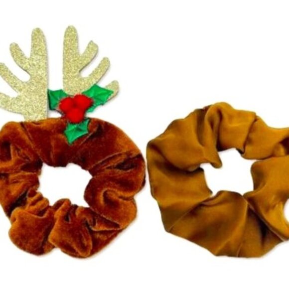 Womens/Girls Holiday Lane Reindeer Ears & Plain Matching Scrunchie Sets - Picture 2 of 3